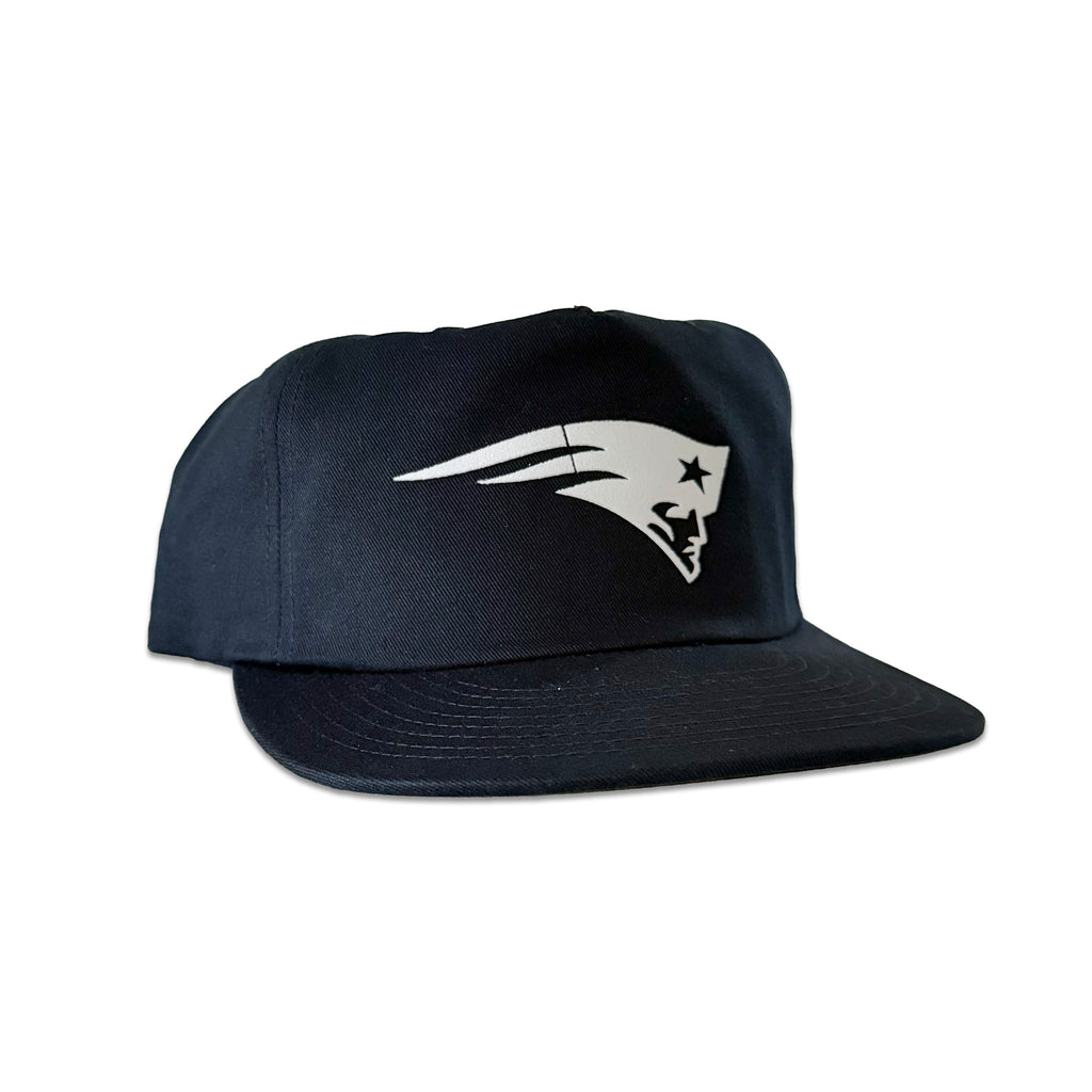 Vintage New England Patriots Hat | 5 Panel Snapback Hat, navy unstructured cap with white Patriots logo and flat brim from My Store.