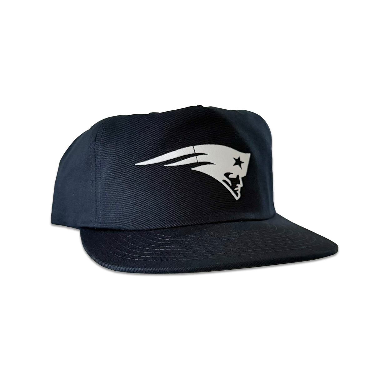 Vintage New England Patriots Hat | 5 Panel Snapback Hat, navy unstructured cap with white Patriots logo and flat brim from My Store.
