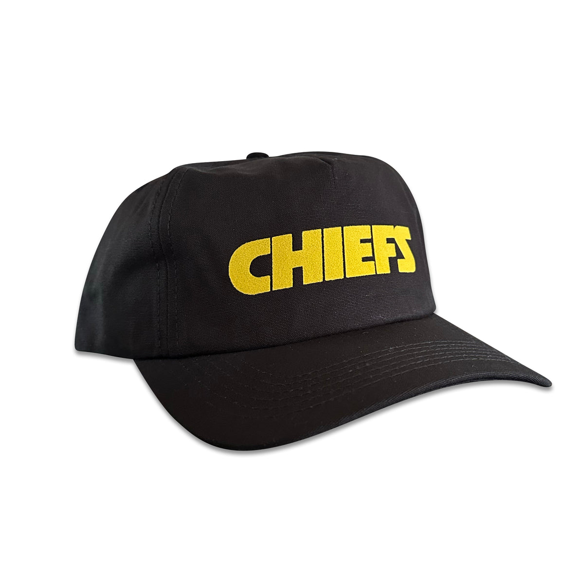 Vintage Kansas City Chiefs Hat | 5 Panel Black Snapback Hat, black hat with yellow CHIEFS lettering by My Store for Home page, Football