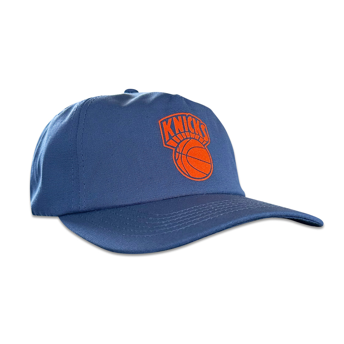 Vintage New York Knicks Hat | 5 Panel Snapback Hat | Navy, navy five panel cap with orange Knicks basketball patch by My Store for Home page, Basketball