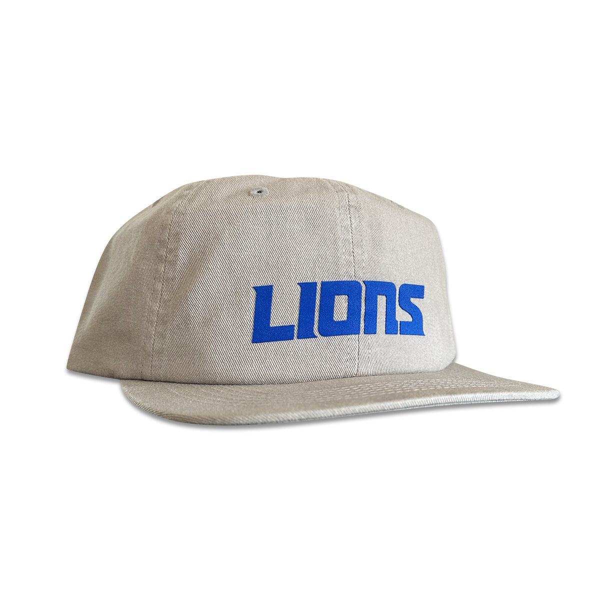 Vintage Detroit Lions Hat | 6 Panel Snapback, beige with bold blue LIONS lettering, from My Store for Home page and Football