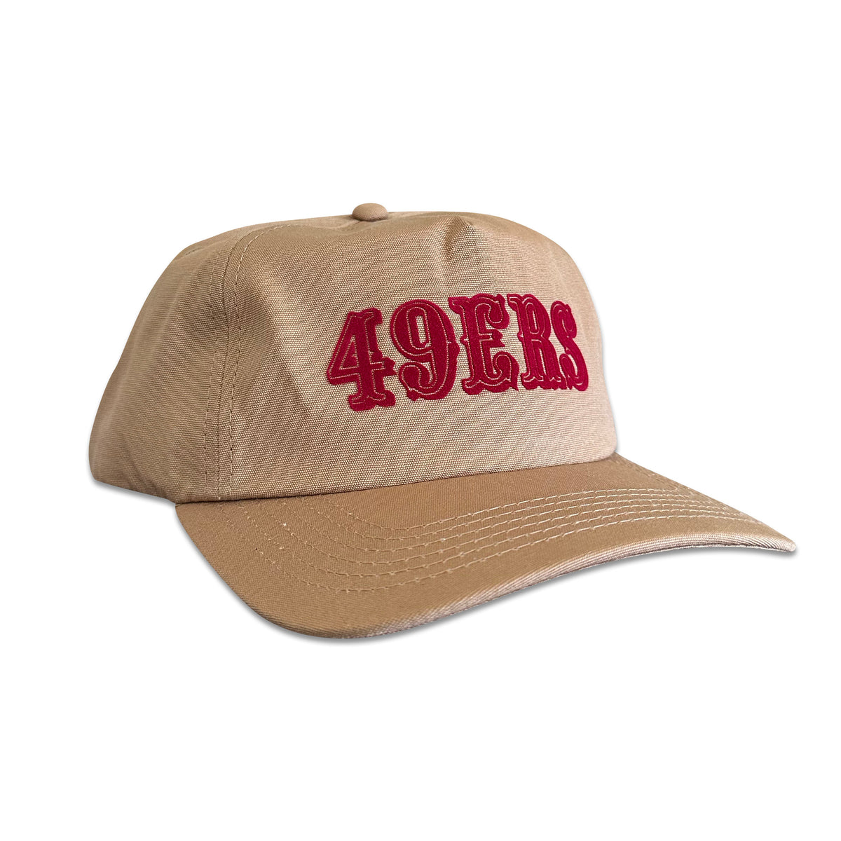 Vintage San Francisco 49ers Hat | 5 Panel Snapback Hat in tan with red 49ers lettering and curved brim from My Store Football collection