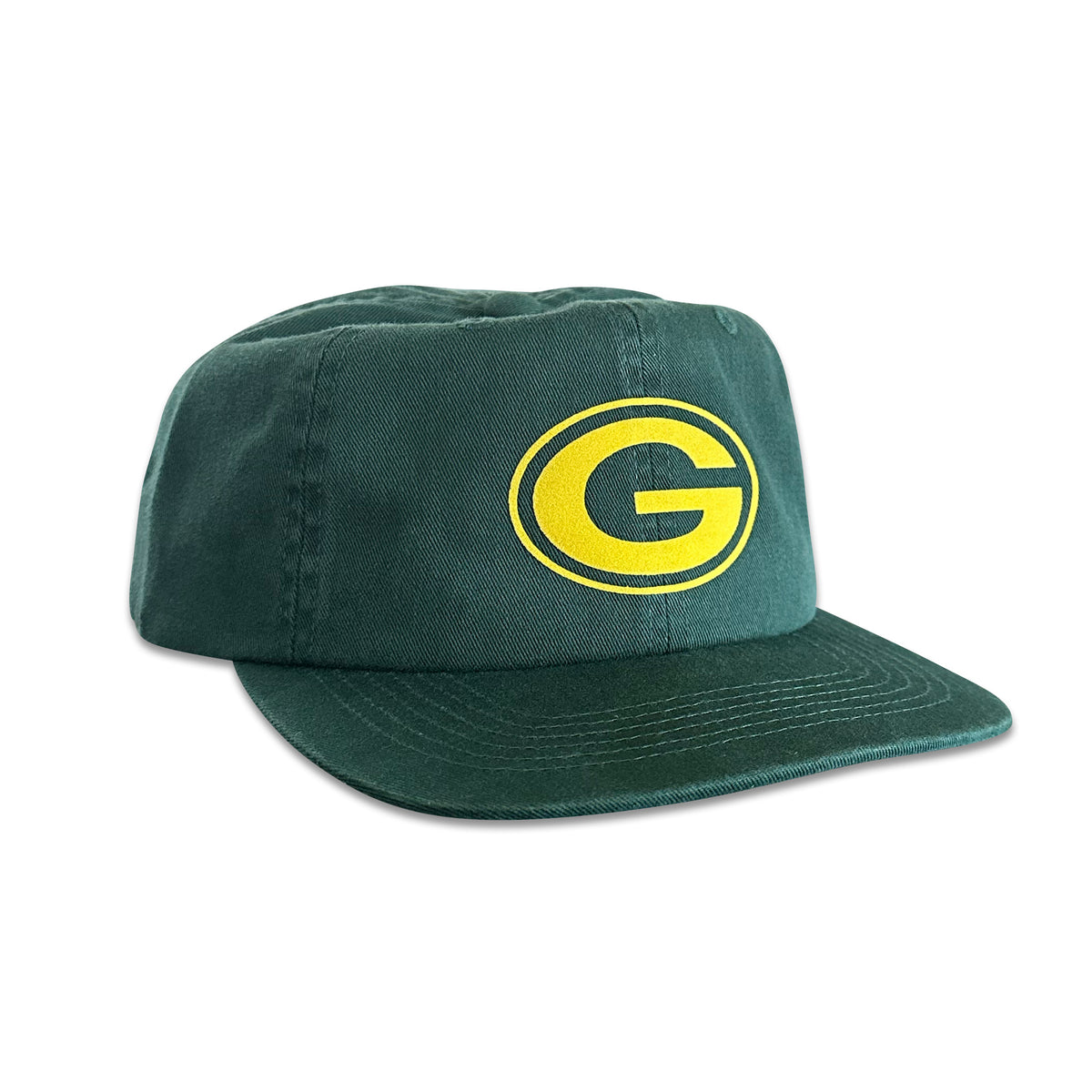 Vintage Green Bay Packers Hat | 6 Panel Snapback Hat, dark green six panel cap with yellow Packers G logo and flat brim by My Store