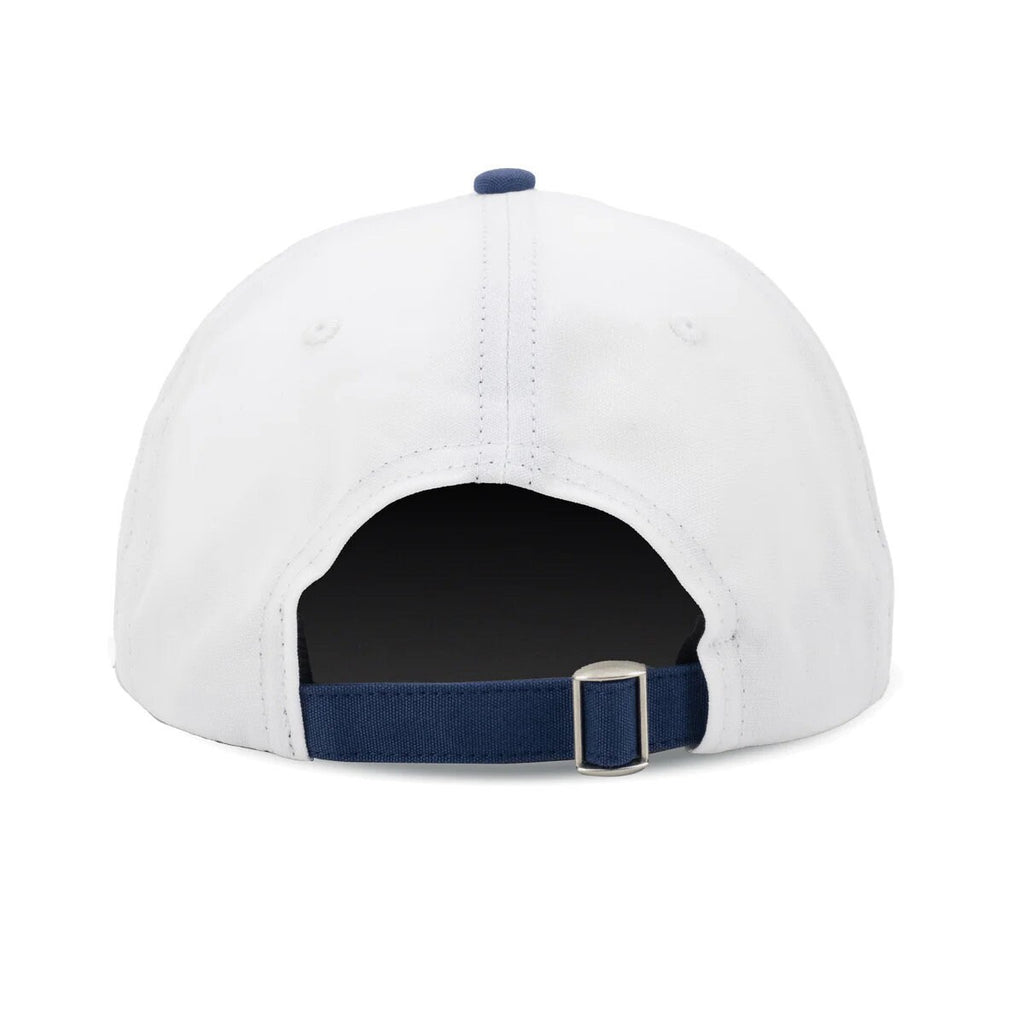 Vintage New York Yankees Hat | 6 Panel Strapback Hat, rear view of white cap with navy adjustable strap and metal buckle, by My Store for Baseball and Featured Hats