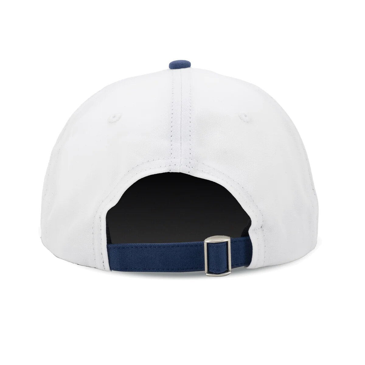 Vintage New York Yankees Hat | 6 Panel Strapback Hat, rear view of white cap with navy adjustable strap and metal buckle, by My Store for Baseball and Featured Hats